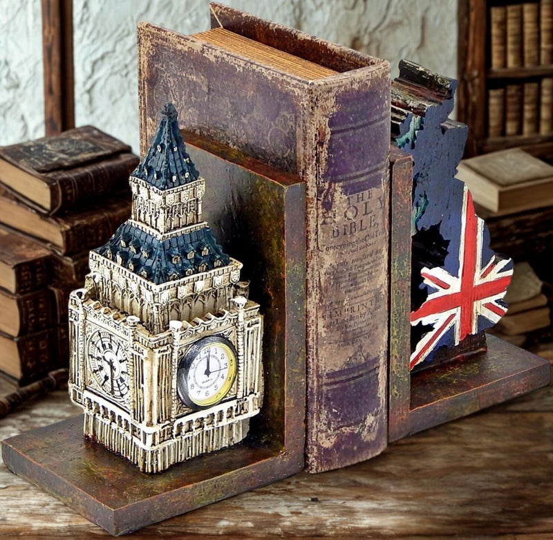 Bellaa 26348 Decorative Bookends Big Ben Clock Tower London UK Flag Map Vintage Unique British Patriots Gifts Bibliography Home Decor Bookshelves Heavy Book Ends - Image 4